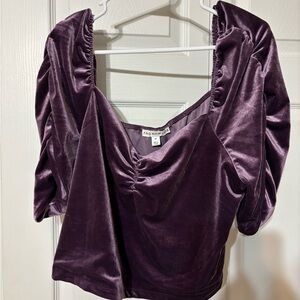 Purple Velvet Crop Top with Ruched Sleeves